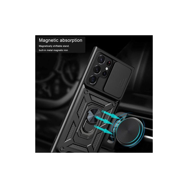 Samsung Galaxy S23 Ultra iskunkestävä TPU+PC Kickstand Puhelinkotelo Autoteline Metallilevy - Musta