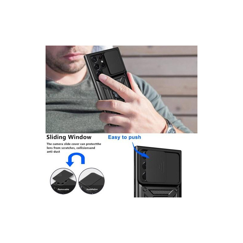 Samsung Galaxy S23 Ultra Shockproof TPU + PC Kickstand Phone Case Car Mount Metal Sheet - Black