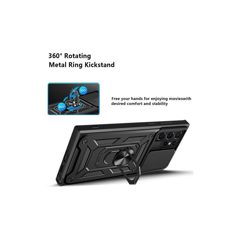 Samsung Galaxy S23 Ultra Stødsikker TPU+PC Kickstand Telefontaske Bilmontering Metalplade - Sort