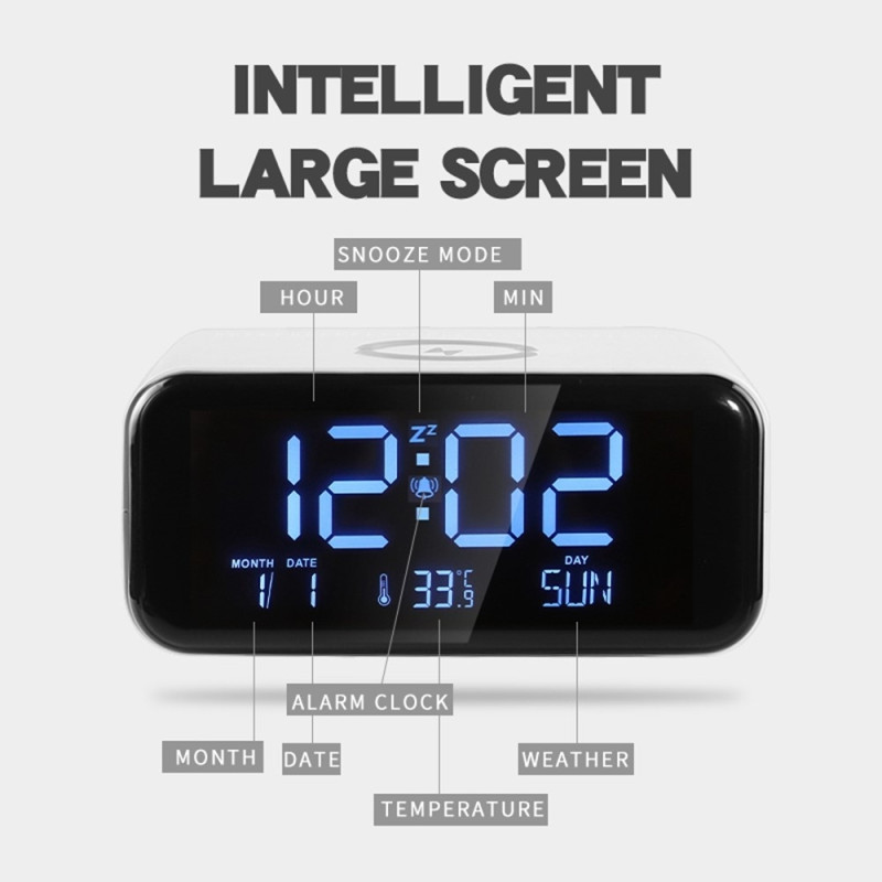 Alarm Clock Night Light Bluetooth Speaker 15W Wireless Charging Large Screen
