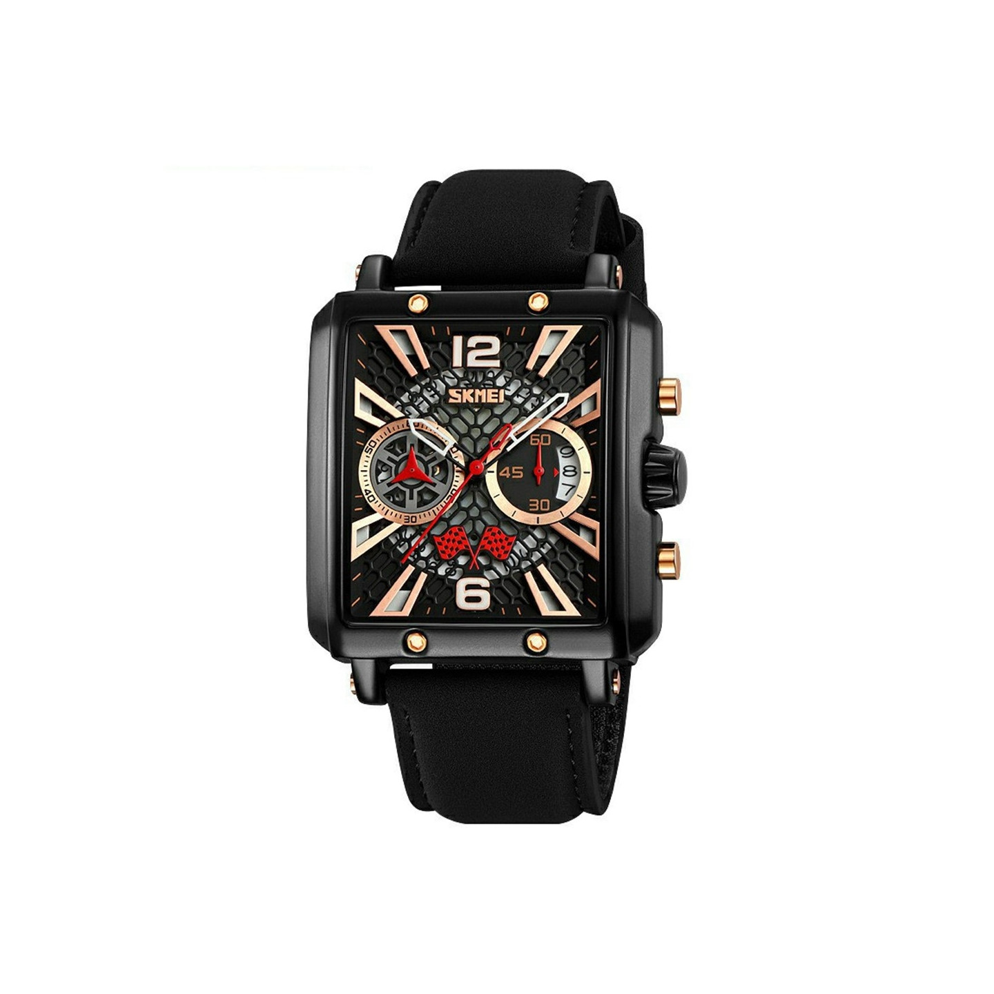 SKMEI Armbandsklocka Klocka För Män Läderrem fyrkantig kvartsklocka - svart+svart
