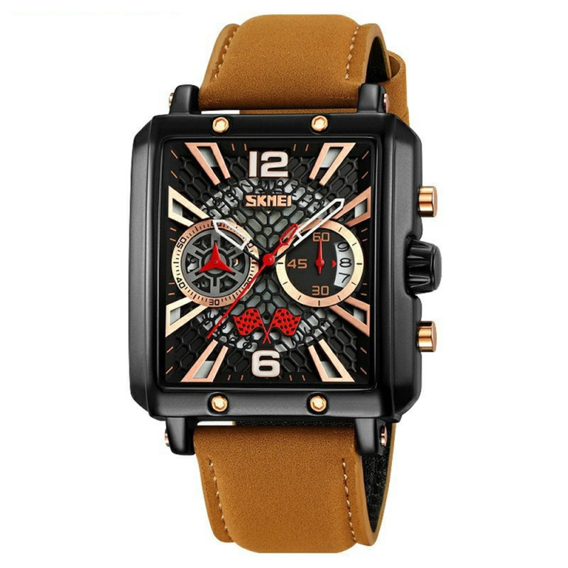 SKMEI Wristwatch Watch For Men Leather Strap Square Quartz Watch - Brown+Black