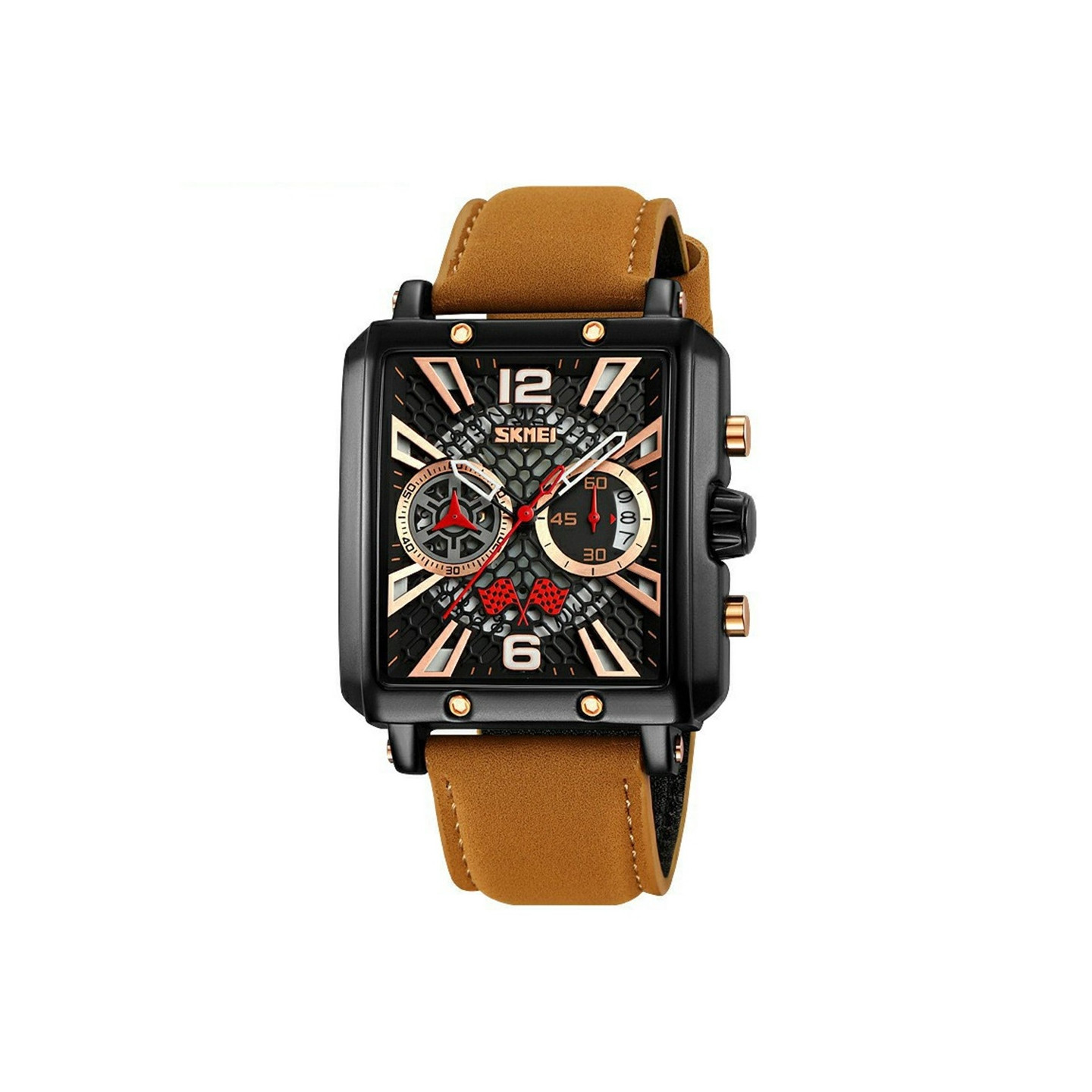 SKMEI Wristwatch Watch For Men Leather Strap Square Quartz Watch - Brown+Black