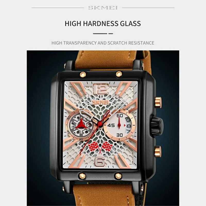 SKMEI Wristwatch Watch For Men Leather Strap Square Quartz Watch - Brown+Black