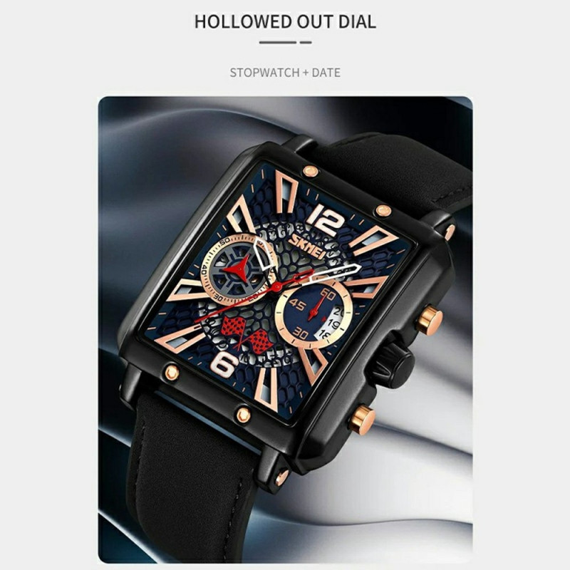 SKMEI Wristwatch Watch For Men Leather Strap Square Quartz Watch - Black+Blue