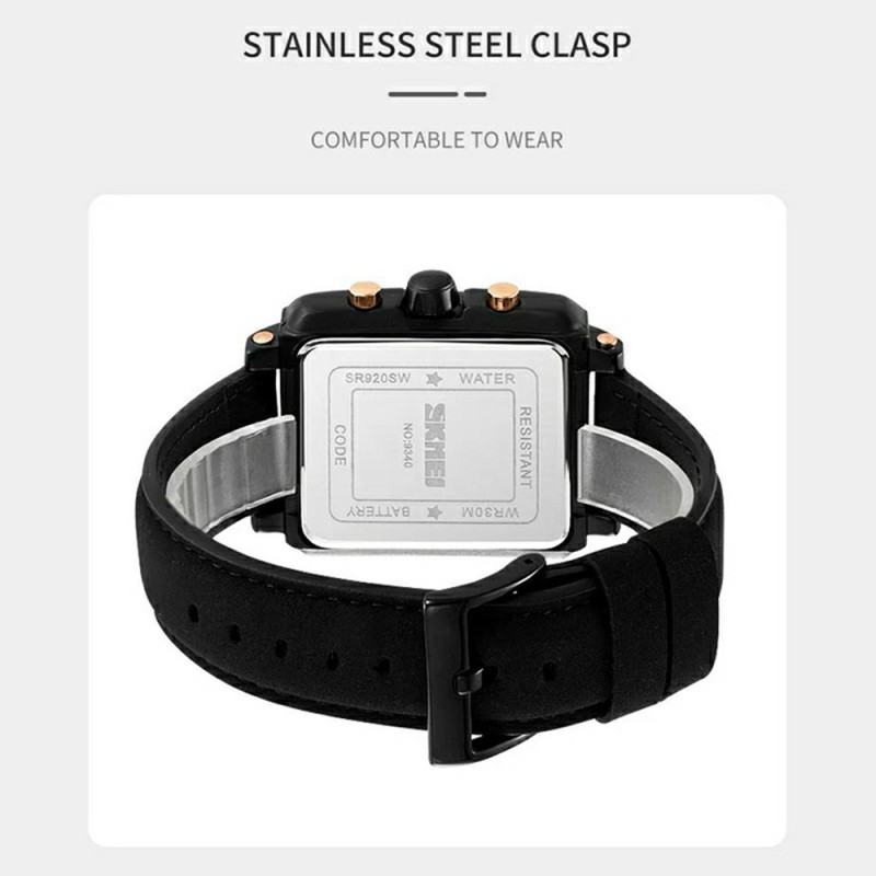 SKMEI Wristwatch Watch For Men Leather Strap Square Quartz Watch - Black+Blue