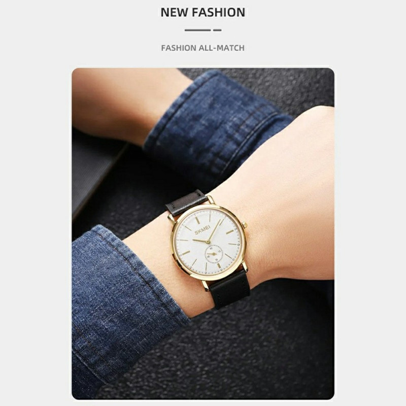 SKMEI Wristwatch Watch Leather Strap Round Quartz Watch - Silver