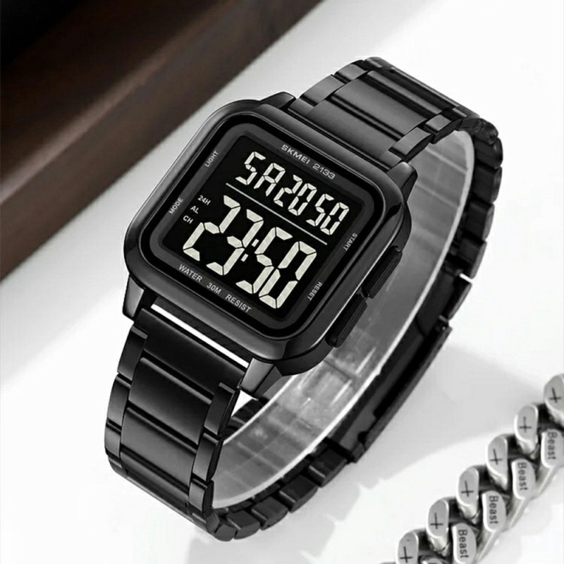 SKMEI Digital Electronic Wrist Watch Watch Steel Strap Square - Black