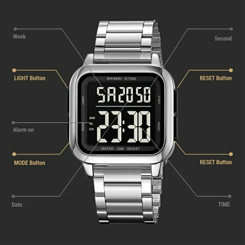 SKMEI Digital Electronic Wrist Watch Watch Steel Strap Square - Black