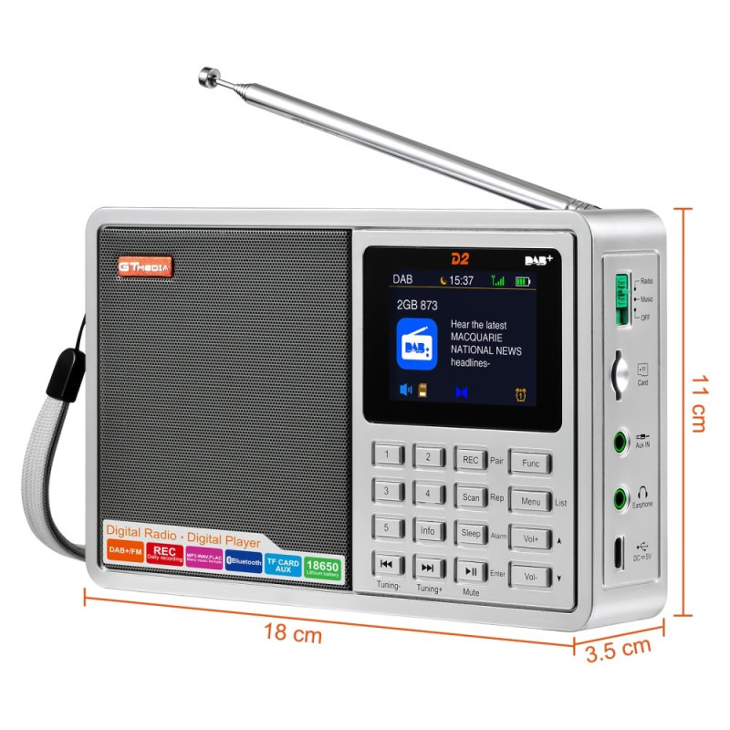 Digital radiomodtager DAB+FM RDS Bluetooth MP3 - afspiller REC - optager TF - kort