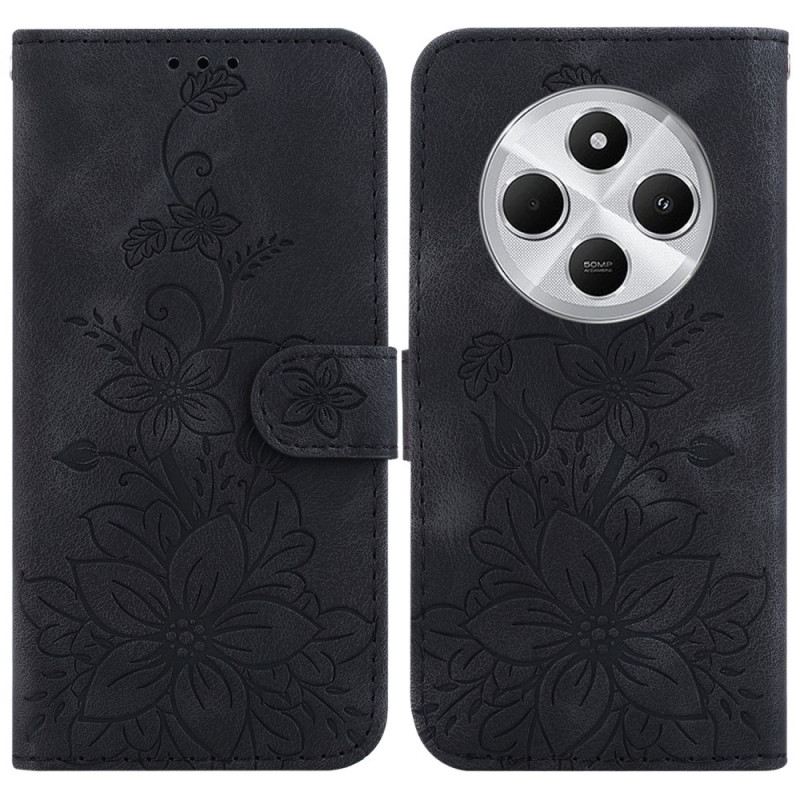 Xiaomi Redmi 14C 4G Suojakuori Lily Flower Imprint Nahkainen Puhelinsuojus Jalustalla