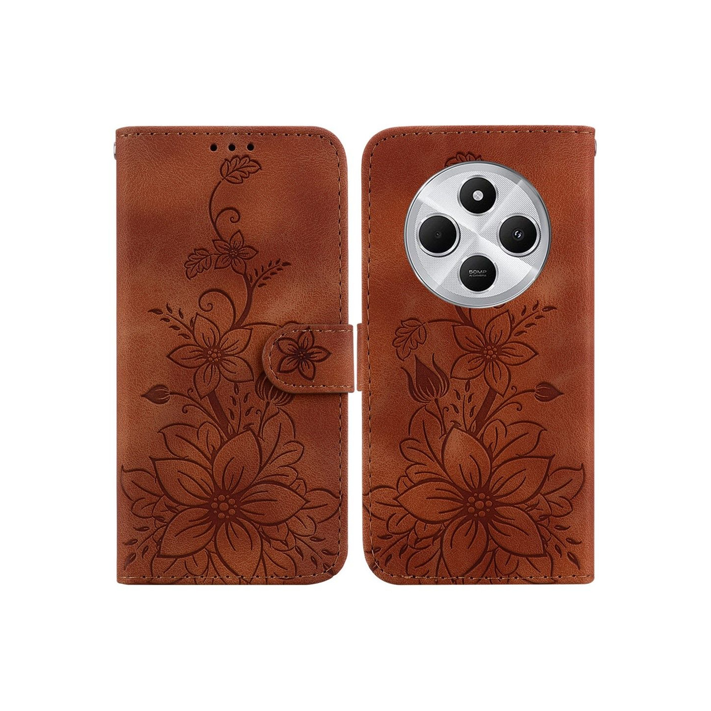 Xiaomi Redmi 14C 4G Suojakuori Lily Flower Imprint Nahkainen Puhelinsuojus Jalustalla