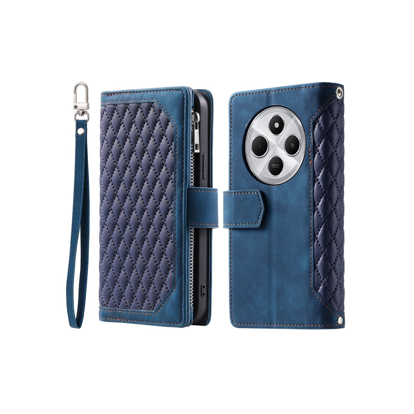 För Xiaomi Redmi 14C Zipper Wallet Case Rhombus Stitching Line Telefonfodral