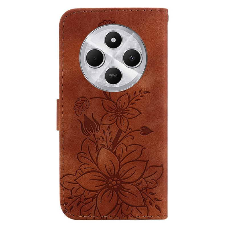 Xiaomi Redmi 14C 4G Suojakuori Lily Flower Imprint Nahkainen Puhelinsuojus Jalustalla