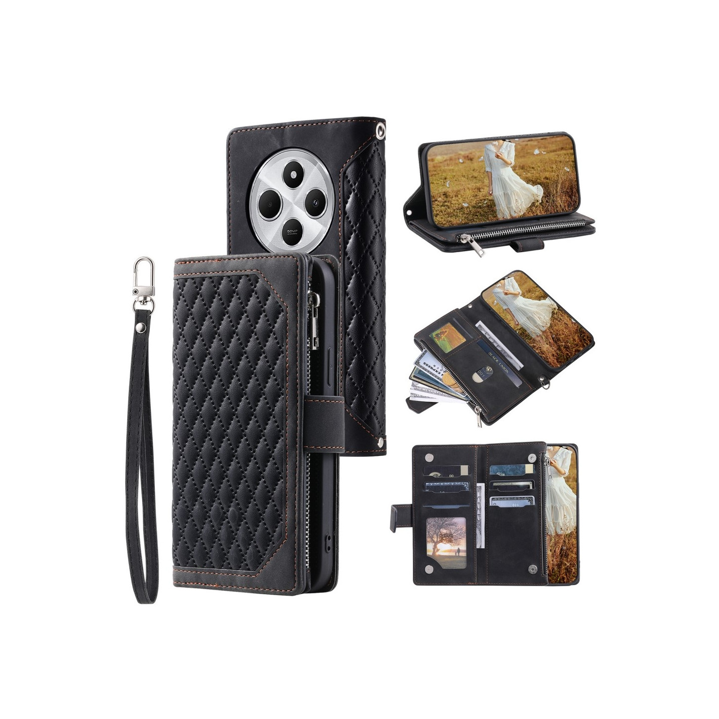 Xiaomi Redmi 14C Zipper Wallet Case Rhombus Stitching Line Puhelinsuojus