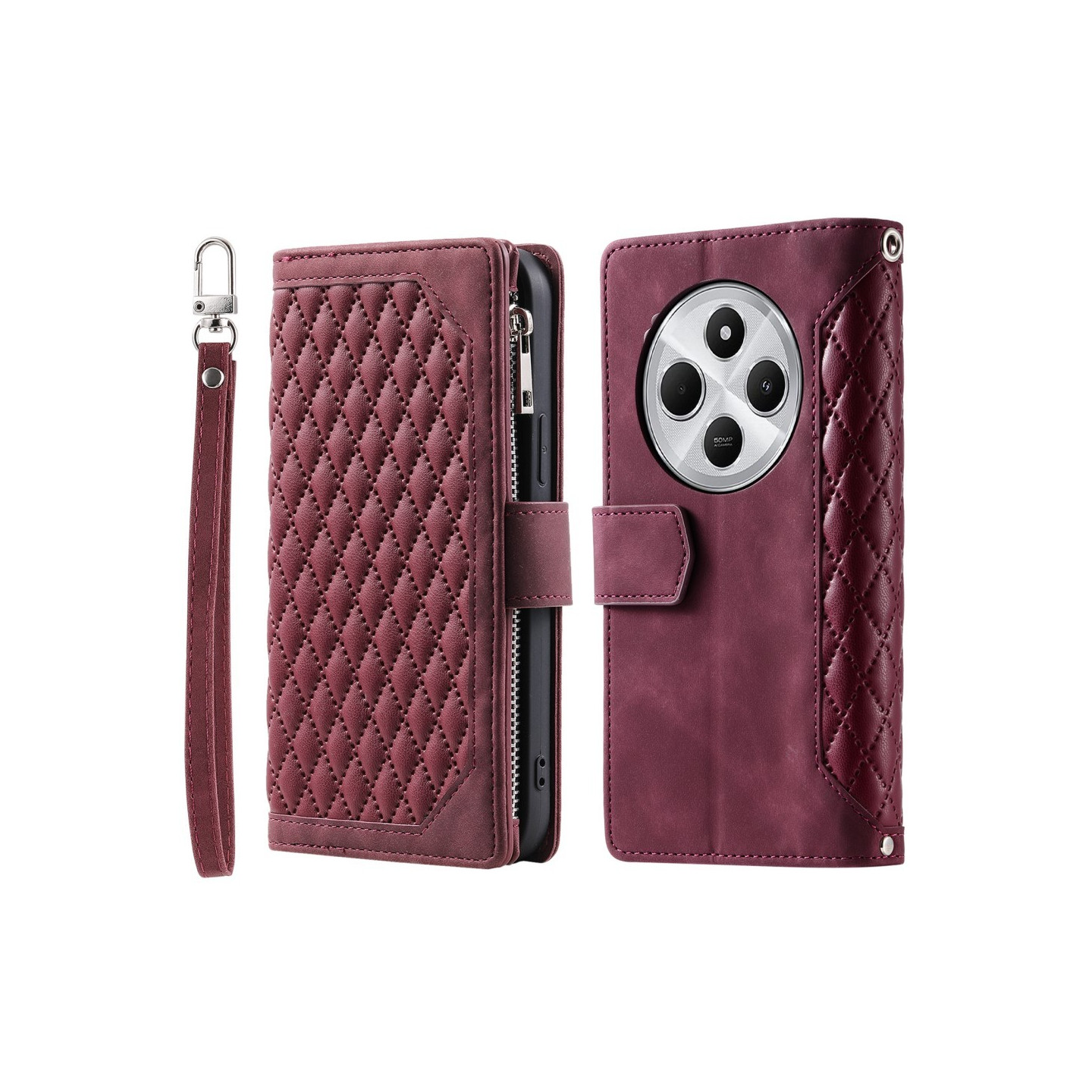 För Xiaomi Redmi 14C Zipper Wallet Case Rhombus Stitching Line Telefonfodral