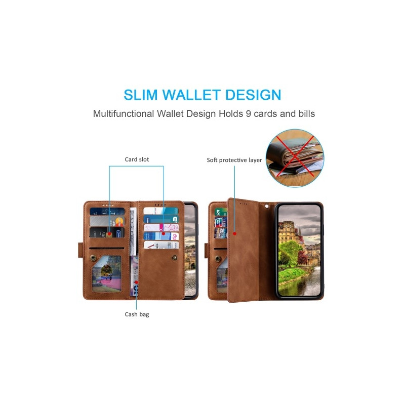 For Xiaomi 14T Pro Case Zipper Pocket PU Leather Phone Cover with 9 Card Slots