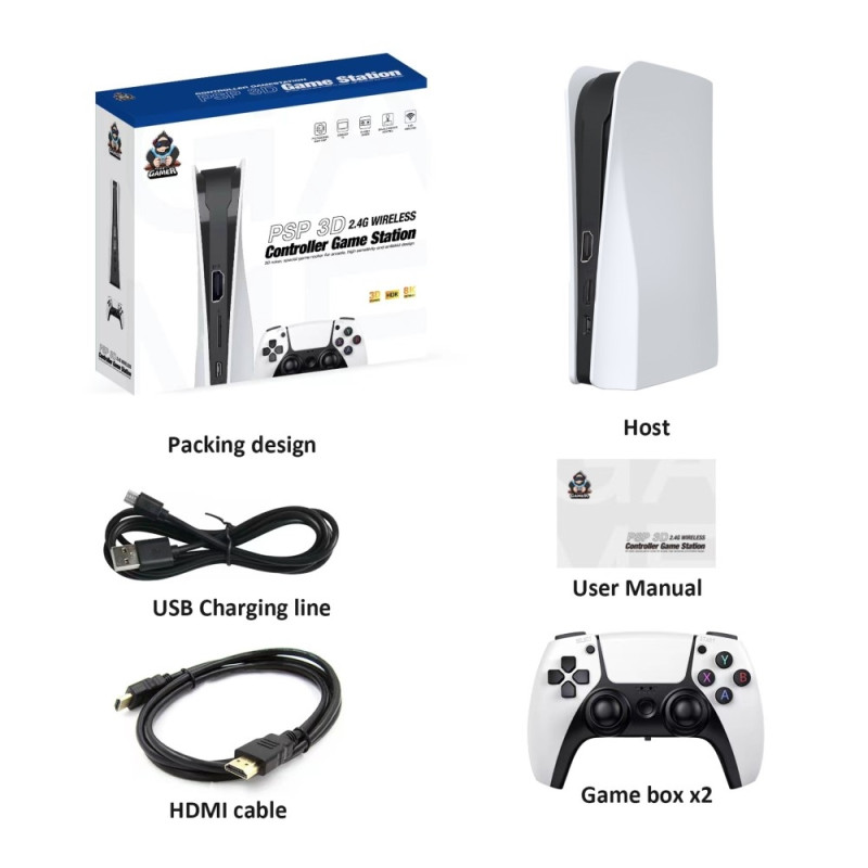 Trådløs HD - videospillkonsoll 128G Plug and Play - spillstasjon med 2 spillkontrollere