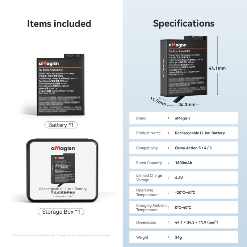 AMAGISN - akku DJI Osmo Action 4/3 1800mAh ladattavalle kameran akulle