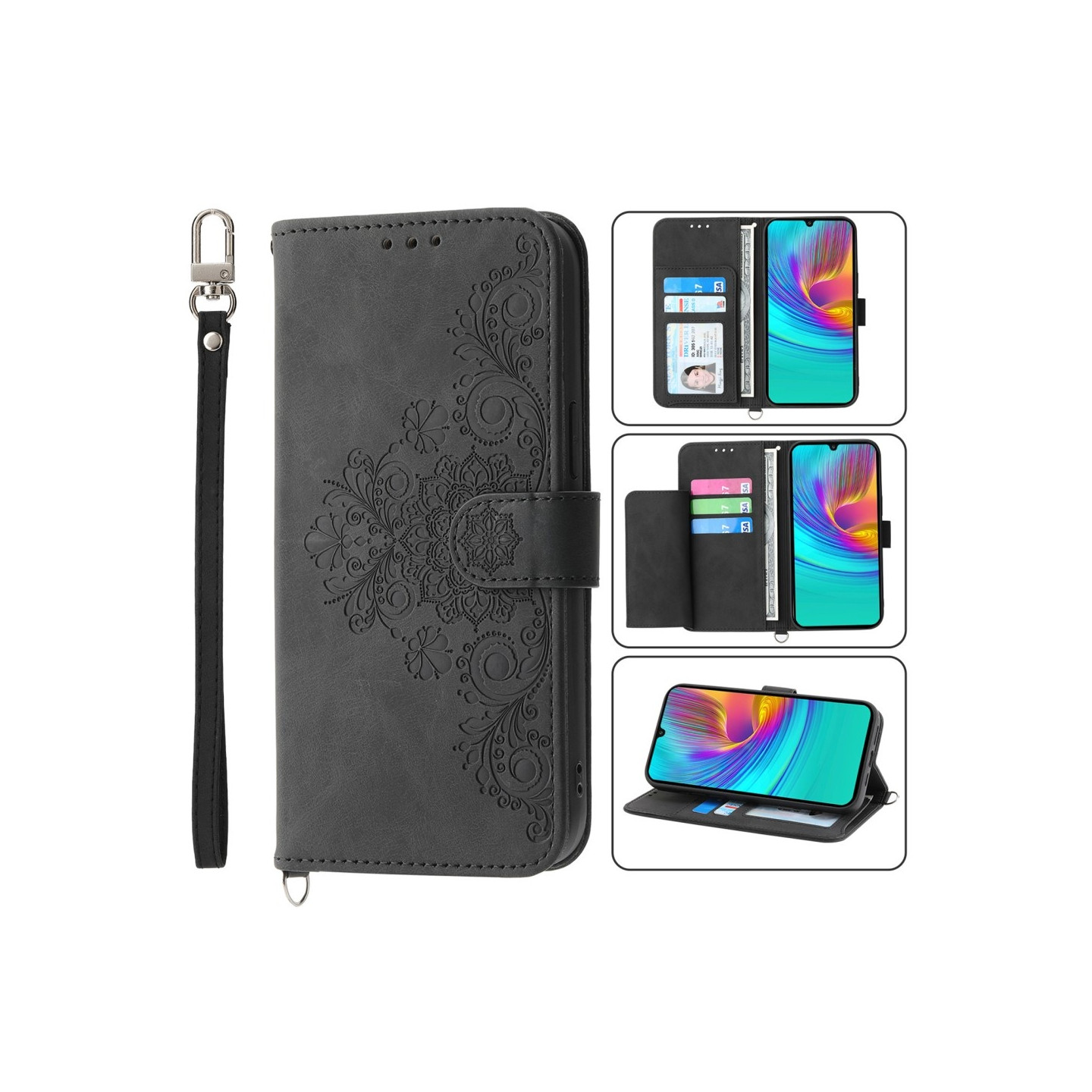 Till Samsung Galaxy A16 5G / A16 4G Fodral med Blommönster Plånboksfodral - Svart