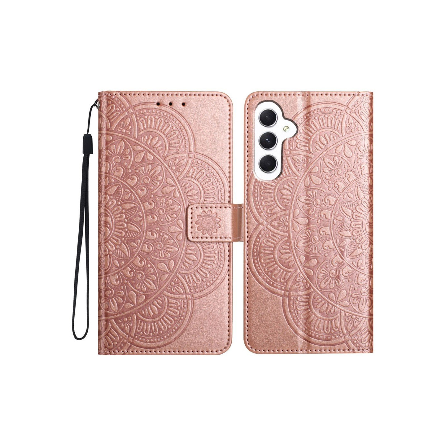 For Samsung Galaxy A16 5G Leather Case with Card Slots Mandala Pattern Phone Cover Stand - Rose Gold