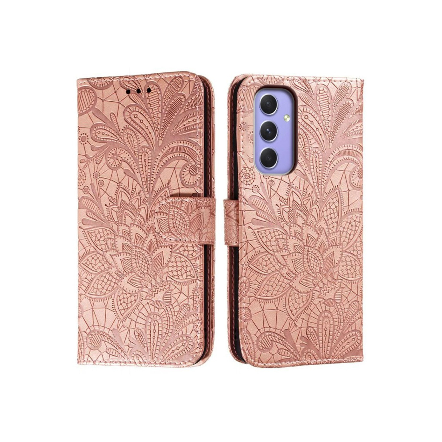 For Samsung Galaxy A16 5G Case Lace Flowers PU Leather Flip Wallet Phone Cover - Rose Gold