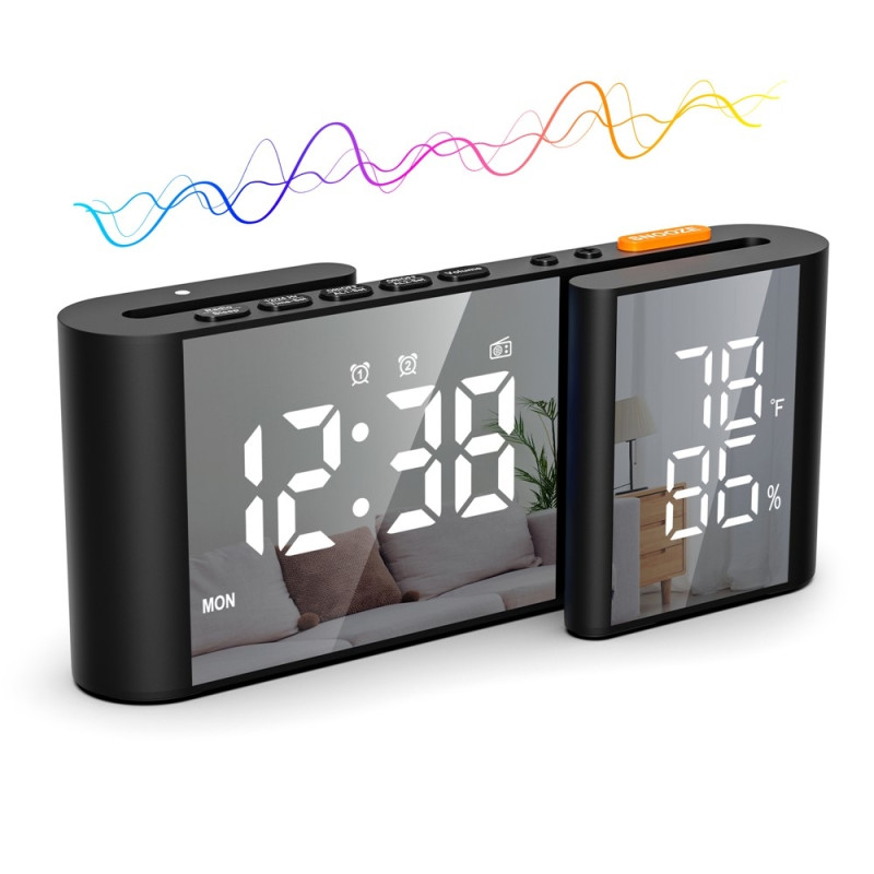 S-Shaped Alarm Clock FM Radio Dimmer Dual Alarm Digital Clock Thermohygrometer