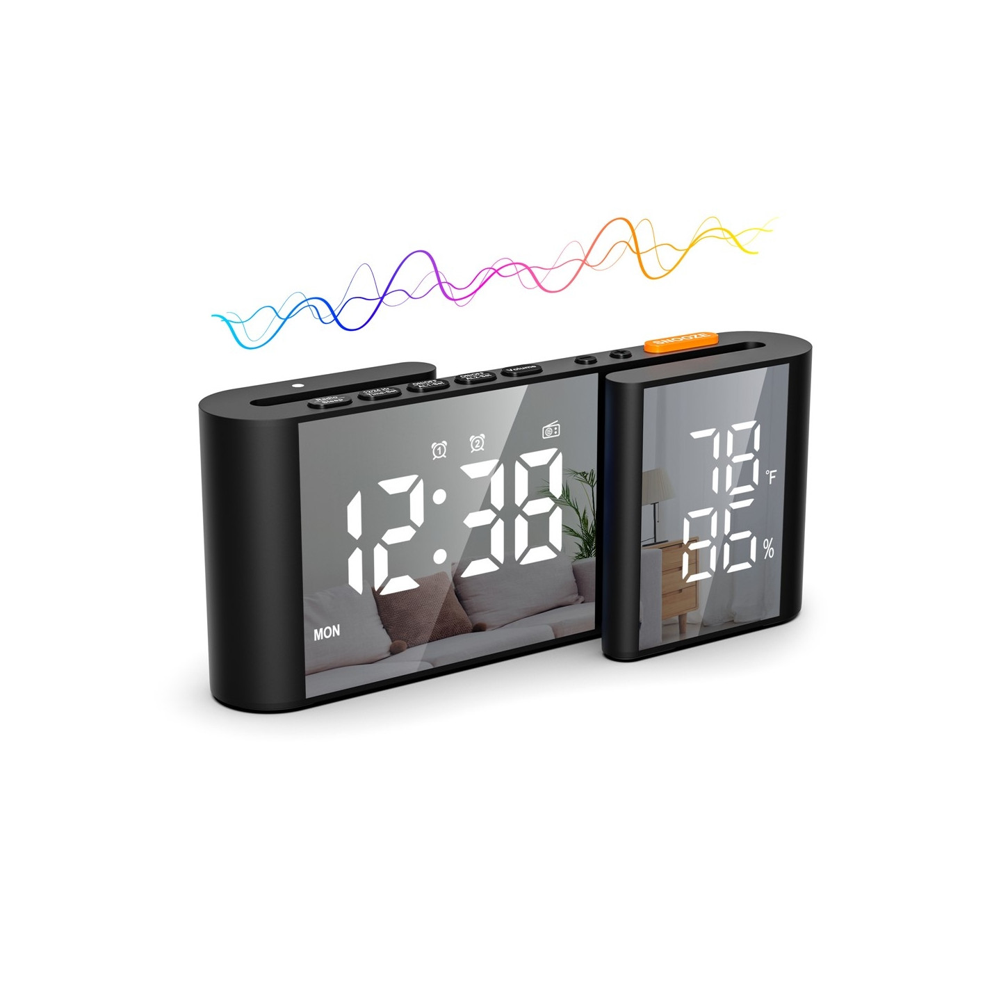 S-Shaped Alarm Clock FM Radio Dimmer Dual Alarm Digital Clock Thermohygrometer