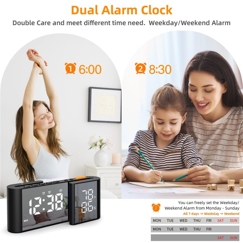 S-Shaped Alarm Clock FM Radio Dimmer Dual Alarm Digital Clock Thermohygrometer