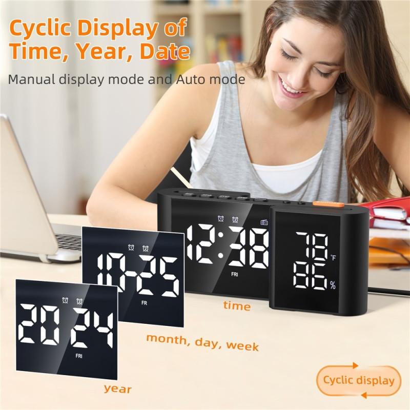 S-Shaped Alarm Clock FM Radio Dimmer Dual Alarm Digital Clock Thermohygrometer