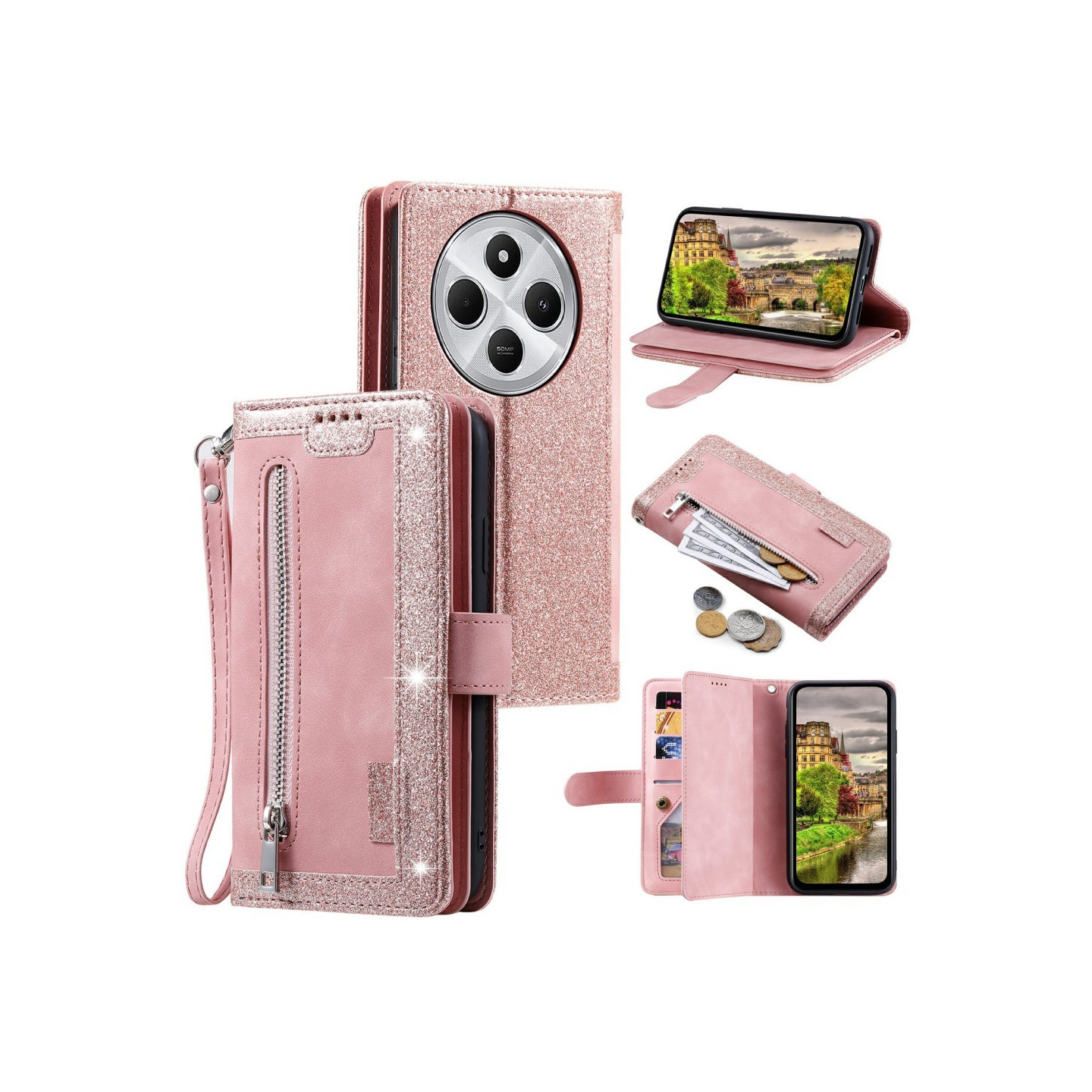 För Xiaomi Redmi 14C Fodral med Dragkedja och 9 Kortplatser – RoseGold