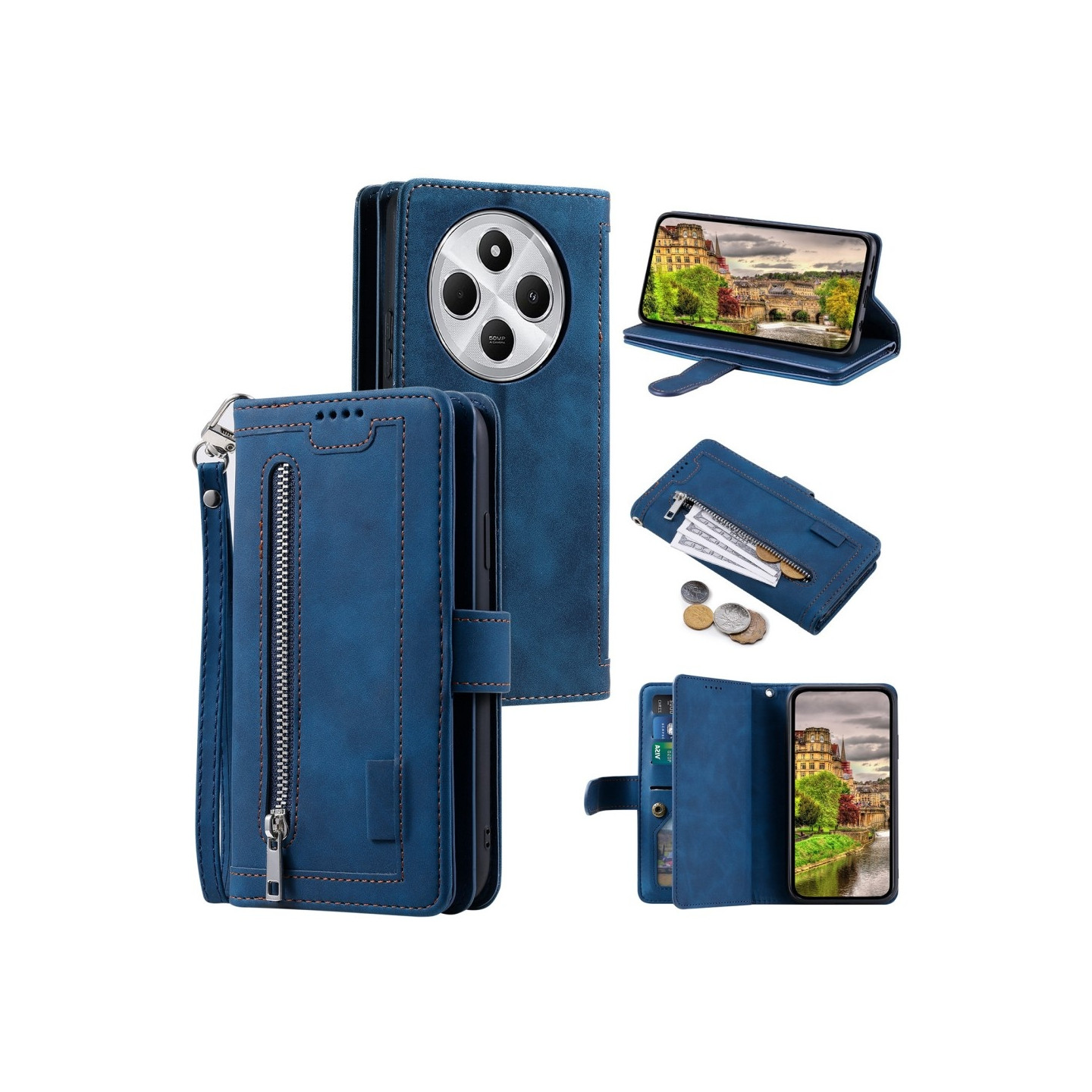 För Xiaomi Redmi 14C Fodral med Dragkedja och 9 Kortplatser – Blå