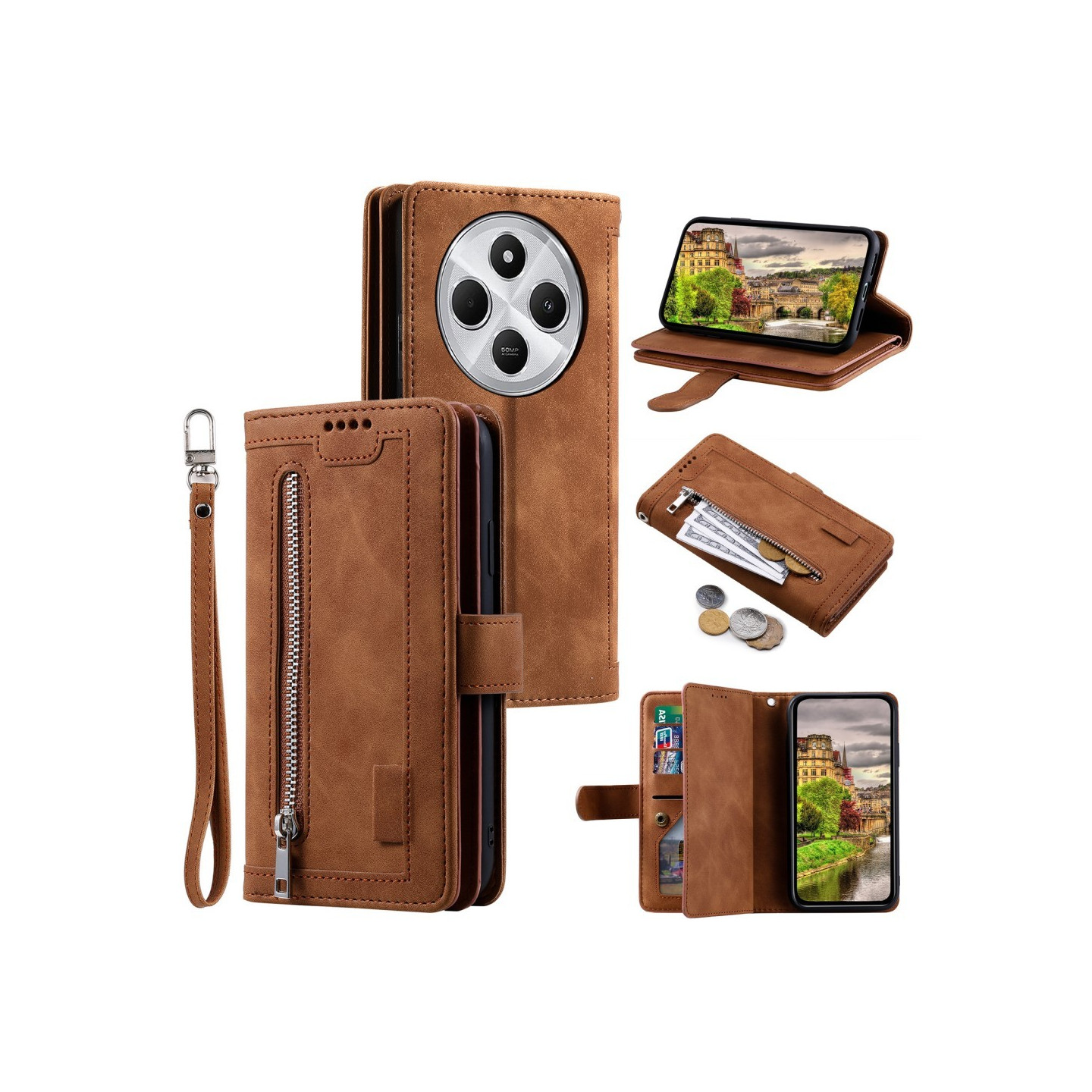 For Xiaomi Redmi 14C Case Zipper Pocket PU Leather Phone Cover with 9 Card Slots