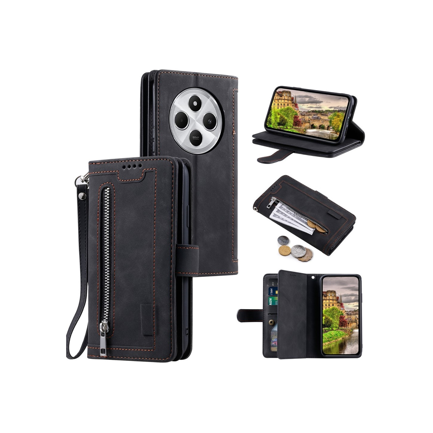 For Xiaomi Redmi 14C Case Zipper Pocket PU Leather Phone Cover with 9 Card Slots