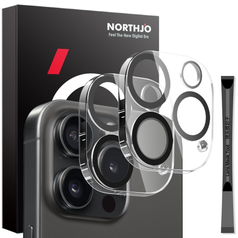 NORTHJO 2Pcs For iPhone 16 Pro / 16 Pro Max Camera Lens Protector Black Circles HD Clear Tempered Glass Lens Film 3D Full Covera