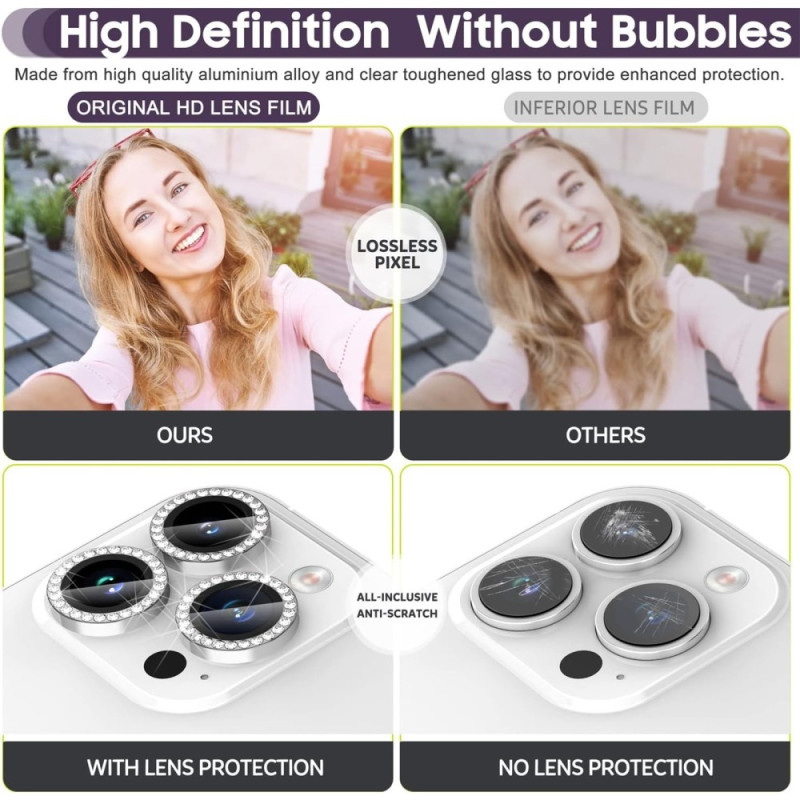 Til iPhone 16 Pro 16 Pro Max kameralinse beskytter Hærdet glas+metalring - Sølv