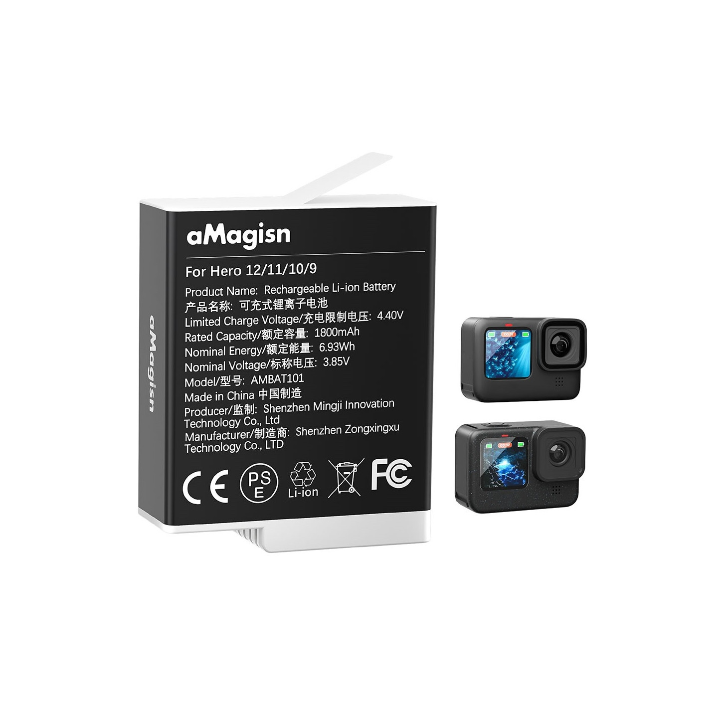 Battery AMAGISN for GoPro Hero 12/11/10/9 3.85V 1800mAh Rechargeable Li - Ion