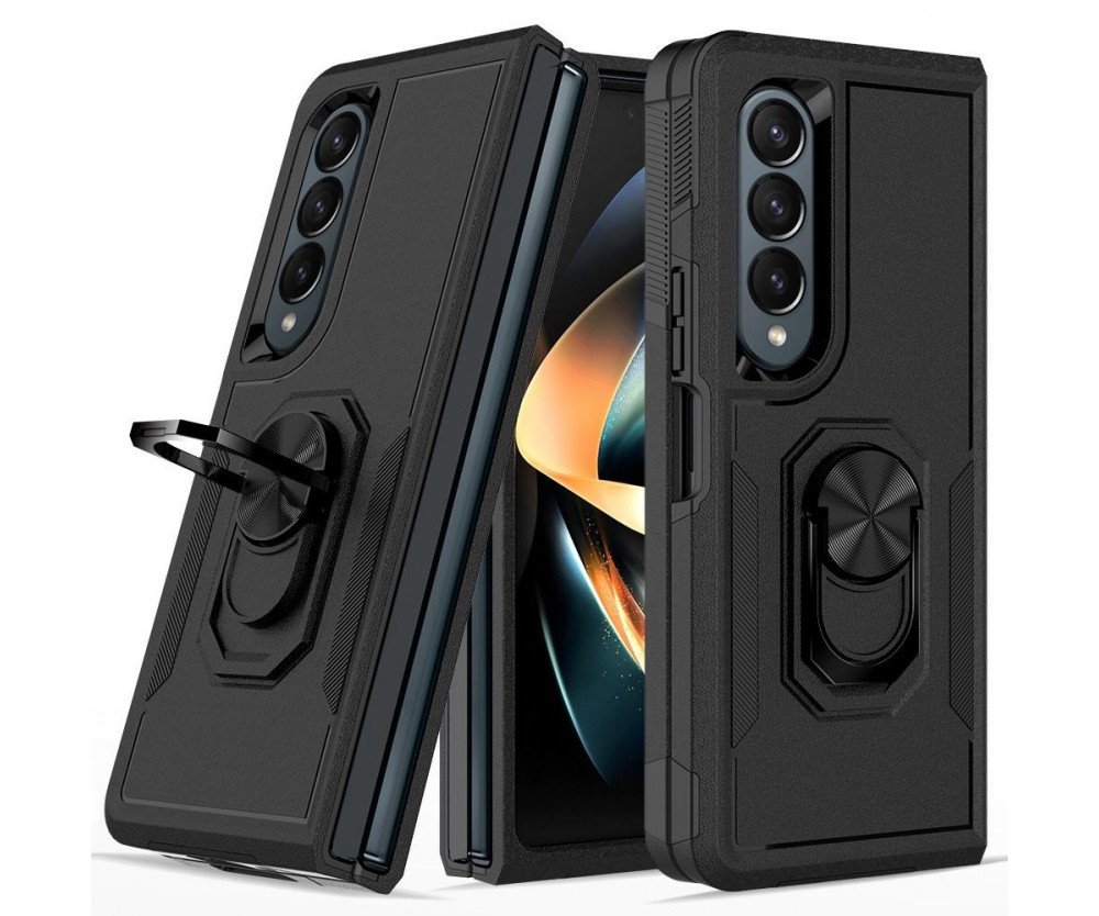 Samsung Galaxy Z Fold 4 5G Hybrid skal med Finger Ring & Metall Plåt - Svart