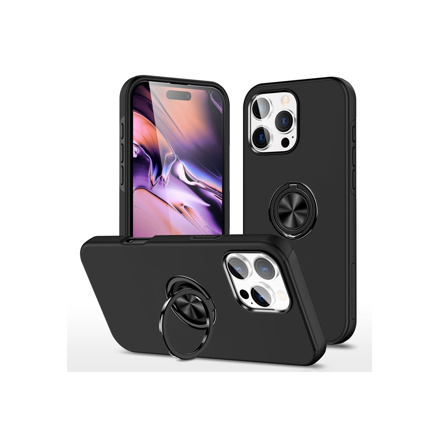 Til iPhone 16 Pro Fingerring Kickstand Hybrid Taske - Sort