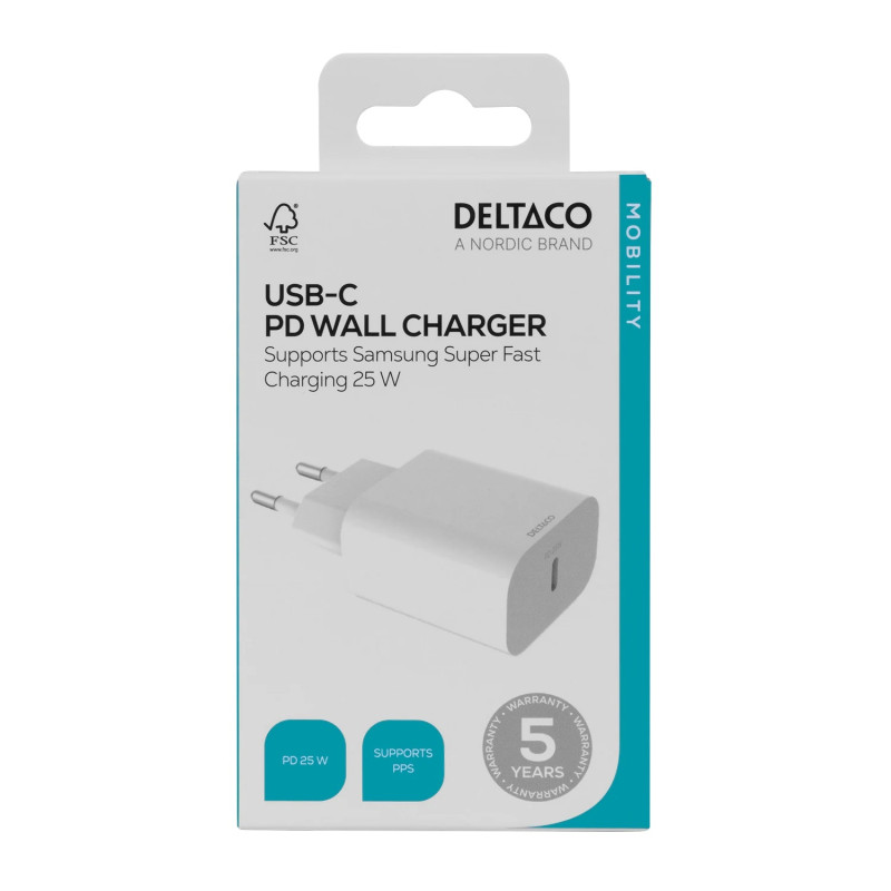 USB - C Vegglader med PD 20 W og PPS 25 W, Samsung Super Hurtiglading, Hvit