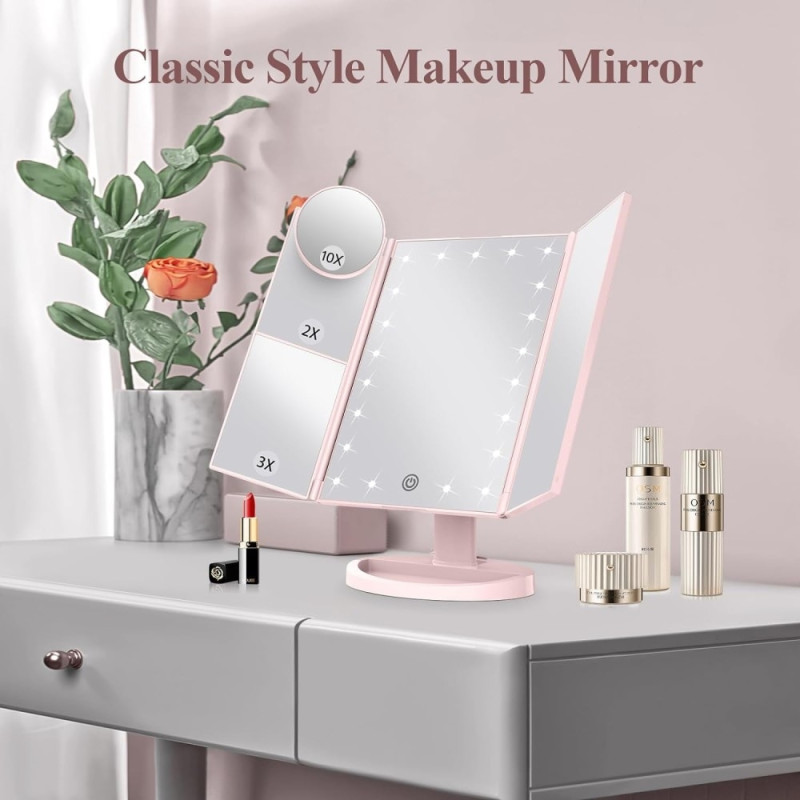 3 - Sided Folding Makeup Mirror Dimmable Light 22LED Table Mirror Mirror - Pink