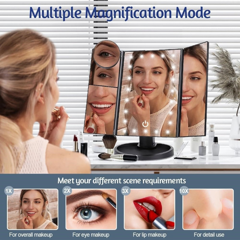 3 - sidet sammenfoldelig makeup spejl, der kan dæmpes lys 22LED bordspejl - sort