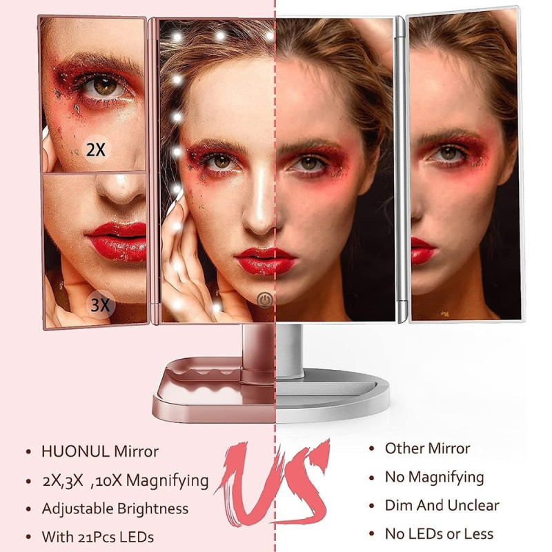 3 - Sided Folding Makeup Mirror Dimmable Light 22LED Table Mirror Mirror - Pink