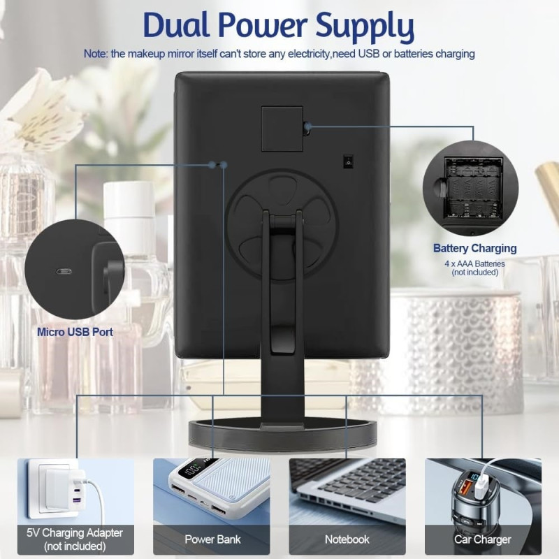 3 - sidig hopfällbar sminkspegel Dimbar ljus 22LED Bordsspegel spegel - svart