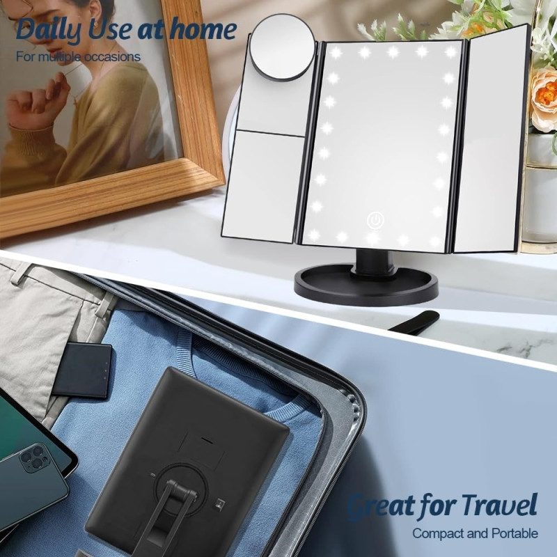 3 - Sided Folding Makeup Mirror Dimmable Light 22LED Table Mirror Mirror - Black
