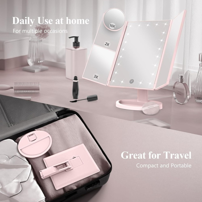 3 - Sided Folding Makeup Mirror Dimmable Light 22LED Table Mirror Mirror - Pink