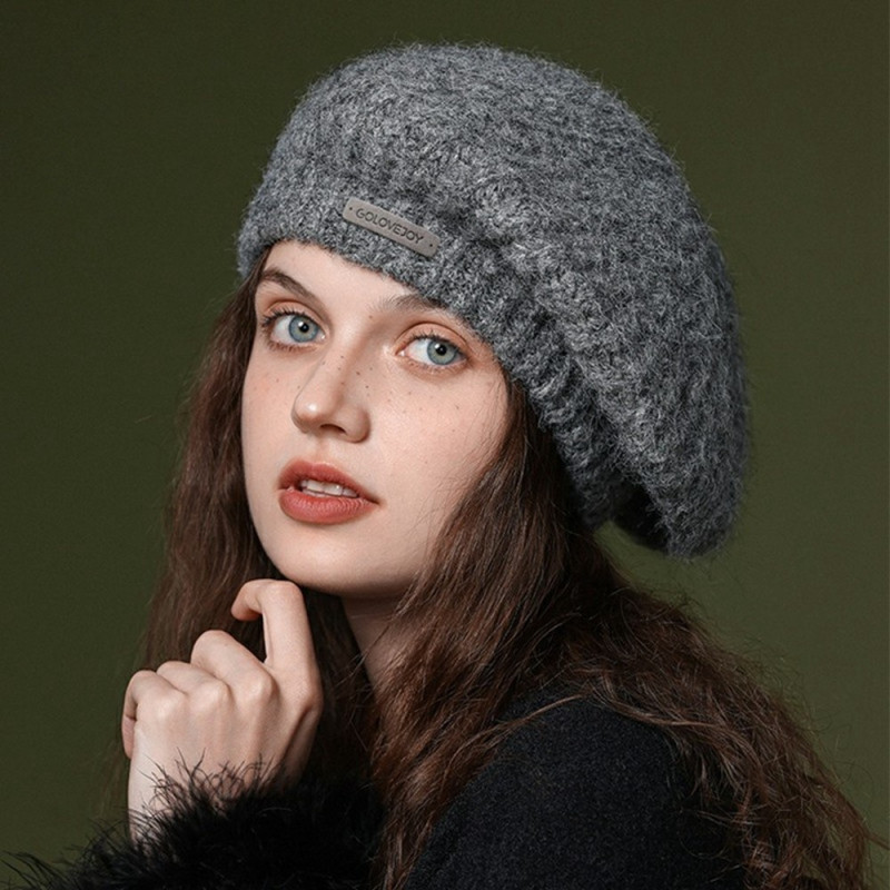 GOLOVEJOY Solid Color Winter Woolen Warm Beanie Elastic Knitted Beret Cap - Grey