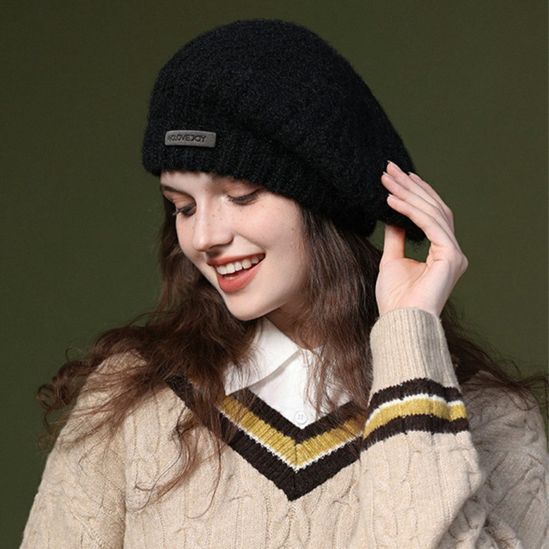 GOLOVEJOY Solid Color Winter Woolen Warm Beanie Elastic Knitted Beret Cap - Black
