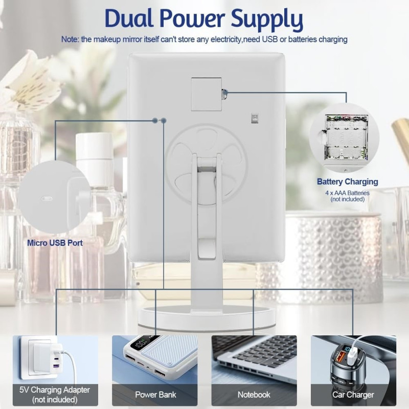 3 - sidig sammenleggbar sminkespeil dimbar lys 22LED bordspeil speil - hvit