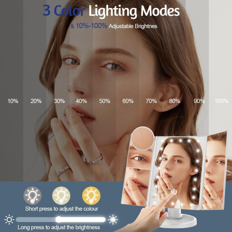 3 - Sided Folding Makeup Mirror Dimmable Light 22LED Table Mirror Mirror - White